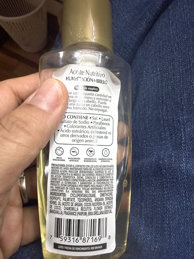 Photograph of the ingredient list on BioLand Aceite Nutritivo Argán (110 ml)