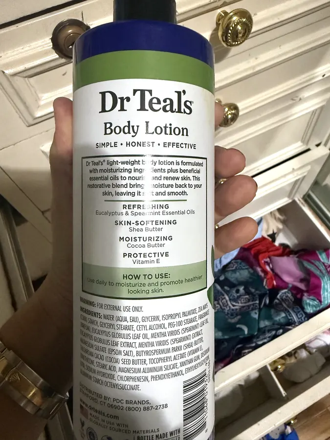 Photograph of the ingredient list on Dr Teal’s Body Lotion — Eucalyptus & Spearmint