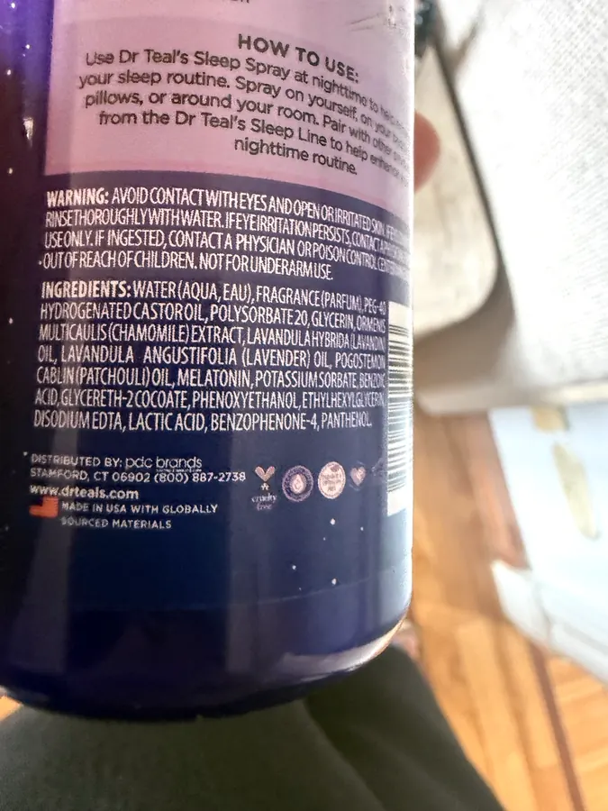 Photograph of the ingredient list on Dr Teal's Sleep Spray (Melatonin & Essential Oils)