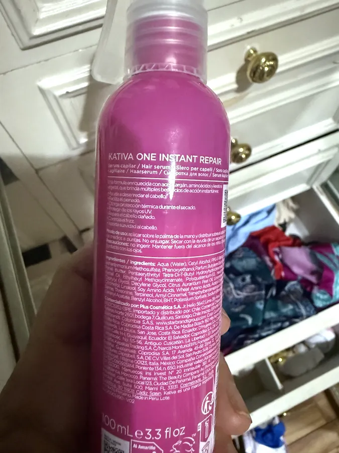 Photograph of the ingredient list on Kativa One Instant Repair hair serum (100 ml)