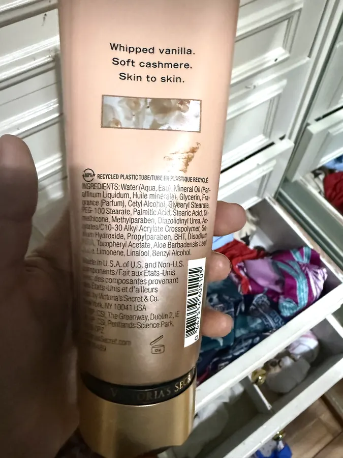 Photograph of the ingredient list on Victoria’s Secret Body Lotion (Bare Vanilla)